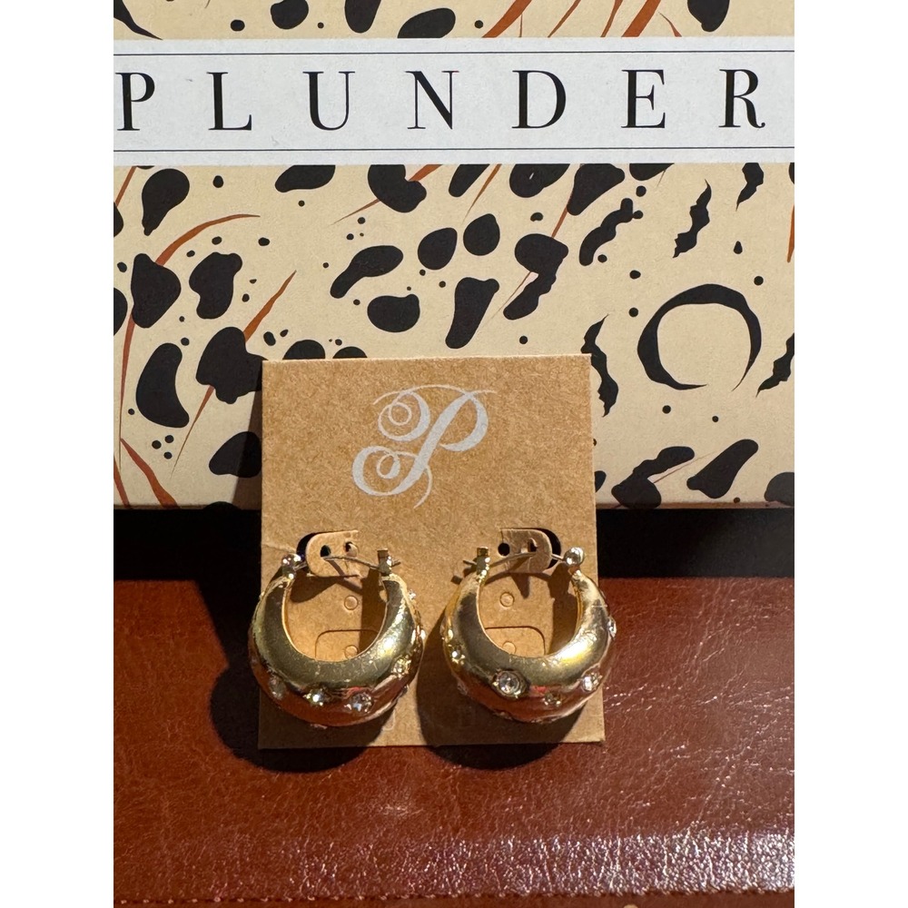 Plunder Design Gold Tone Chunky Dome Hoop Earrings Rhinestone Accents Latch Back